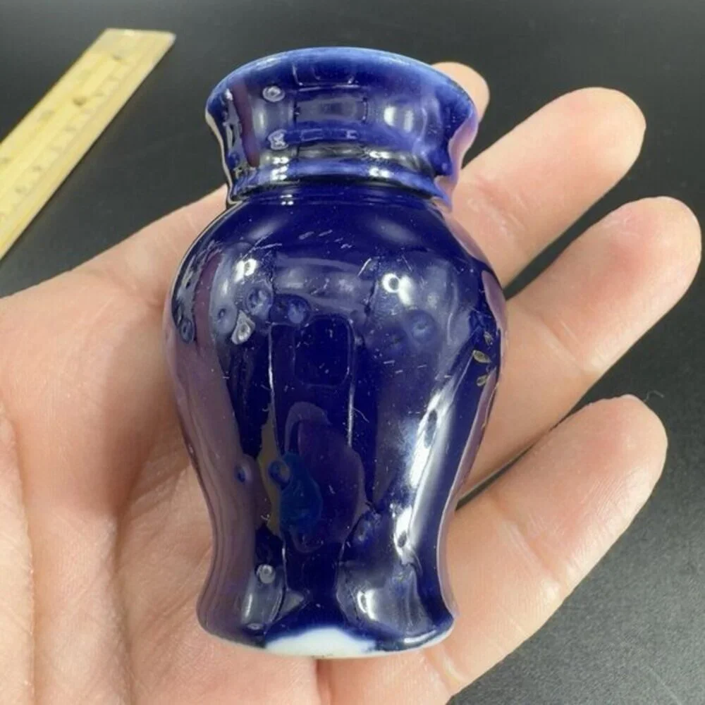 Antique Hand Painted Portrait Porcelain Small Miniature Vase‎ Cobalt Blue VTG